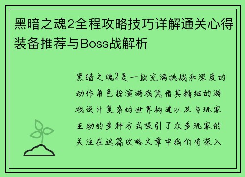 黑暗之魂2全程攻略技巧详解通关心得装备推荐与Boss战解析